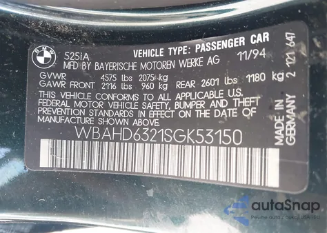 1995 BMW 525 I Automatic from USA, damaged, VIN WBAHD6321SGK53150